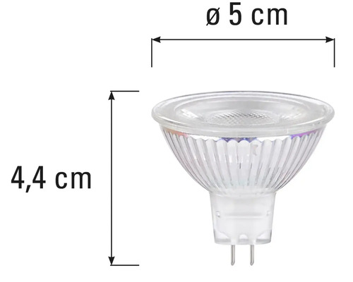 MR16 lamp met afmetingen van 5 centimeter diameter en 4,4 centimeter lengte