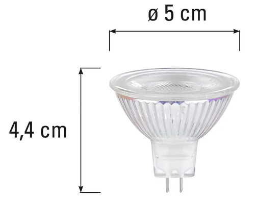 MR16-lamp met afmetingen 4,4 cm hoogte en 5 cm diameter