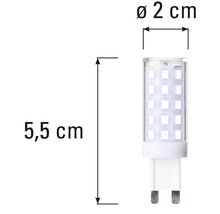 Afbeelding van een G9 LED-lamp met afmetingen van 5,5 cm lang en 2 cm doorsnede.