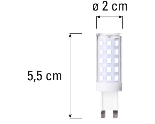 Afbeelding van een G9 LED-lamp met afmetingen van 5,5 cm lang en 2 cm doorsnede.