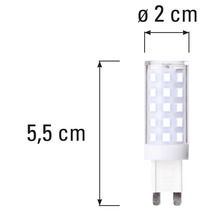 G9 LED lamp met afmetingen 5,5 cm lengte en 2 cm diameter