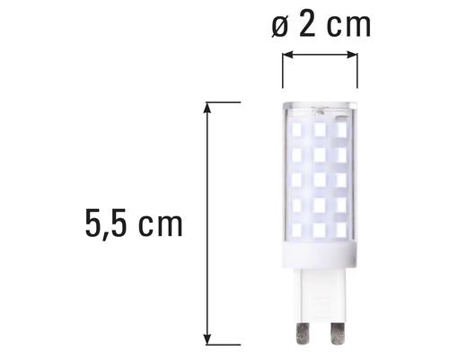 G9 LED lamp met afmetingen 5,5 cm lengte en 2 cm diameter