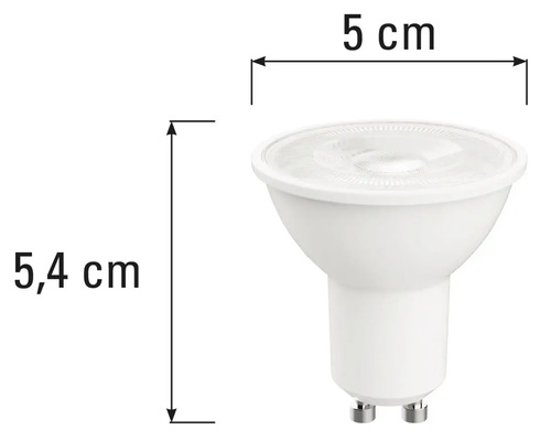 GU10 ledlamp met afmetingen 5,4 centimeter hoogte en 5 centimeter breedte