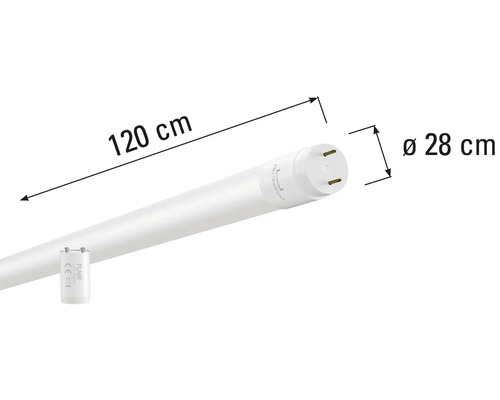 Afbeelding van een LED-buis van 120 cm lang en 28 cm breed.