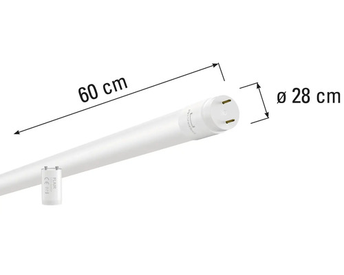 Afbeelding van een 60 centimeter lange fluorescentiebuis met een diameter van 28 millimeter