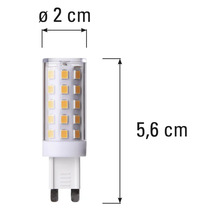 G4 lamp met afmetingen diameter twee centimeter en lengte vijf komma zes centimeter.