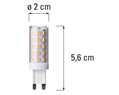G4 lamp met afmetingen diameter twee centimeter en lengte vijf komma zes centimeter.