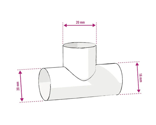 T-stuk met afmetingen van 20 mm en 16 mm