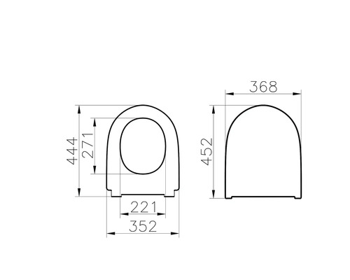 Technische tekening van een toiletbril met afmetingen