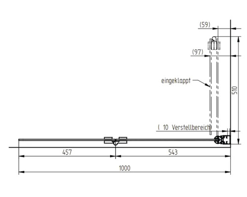 Technische tekening van een douchewandprofiel met maatvoering.