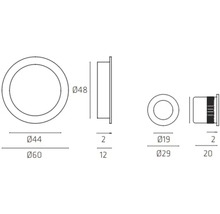 Technische tekening van een ronde inbouwspot met afmetingen