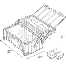 Geopende gereedschapskist met vakken en afmetingen