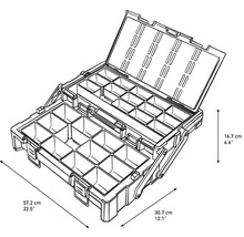 Open gereedschapskoffer met meerdere compartimenten en maatindicaties.