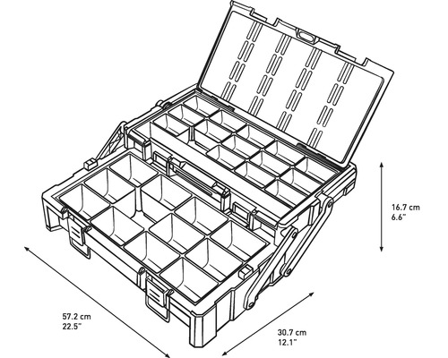 Open gereedschapskoffer met meerdere compartimenten en maatindicaties.