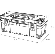 Afbeelding van een gereedschapskist met de afmetingen 66 cm lengte, 26,6 cm hoogte en 28,7 cm breedte.