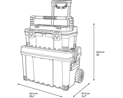 Gereedschapskoffer met wielen en telescopische handgreep, afmetingen: 63,5 cm hoogte, 64,5 cm breedte, 37,3 cm diepte