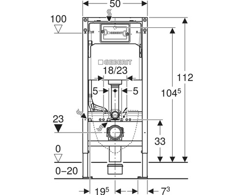 Technische tekening van een Geberit installatiesysteem met afmetingen