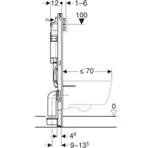 Technische tekening van een inbouwelement voor een toilet met afmetingen