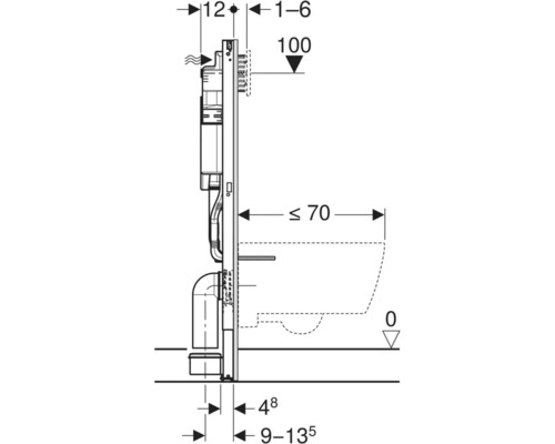 Technische tekening van een inbouwelement voor een toilet met afmetingen