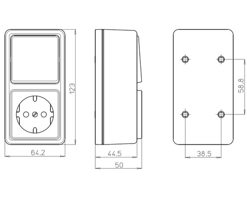 Technische tekening van een schakelaar stopcontact combinatie met afmetingen