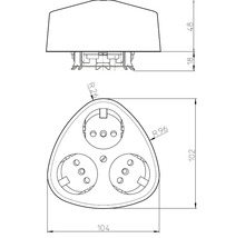 Technische tekening van een drievoudig stopcontact met afmetingen