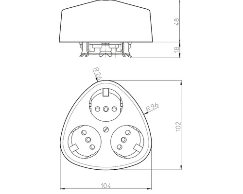 Technische tekening van een drievoudig stopcontact met afmetingen