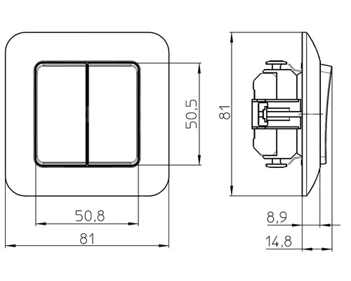 Technische tekening van een schakelaar met maatvoering