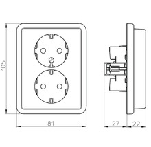 Technische tekening van een dubbel stopcontact met afmetingen
