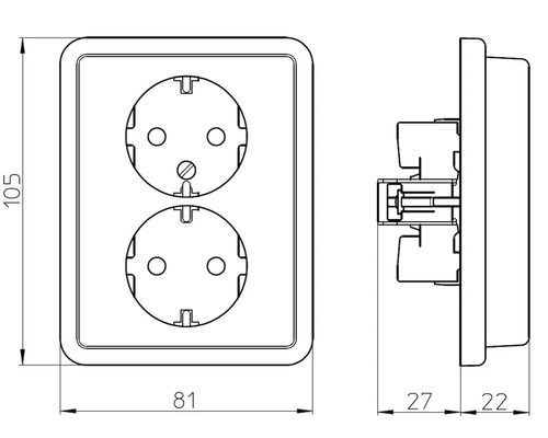 Technische tekening van een dubbel stopcontact met afmetingen