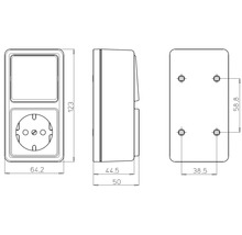 Technische tekening van een schakelaar-stopcontactcombinatie met maatvoering