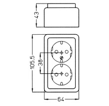 Technische tekening van een dubbel stopcontact met afmetingen