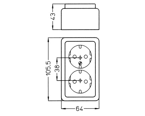 Technische tekening van een dubbel stopcontact met afmetingen