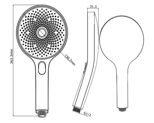 Technische tekening van een handdouche met maatvoering