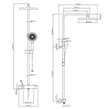 Technische tekening van een doucheset met afmetingen