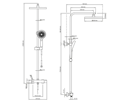 Technische tekening van een doucheset met afmetingen
