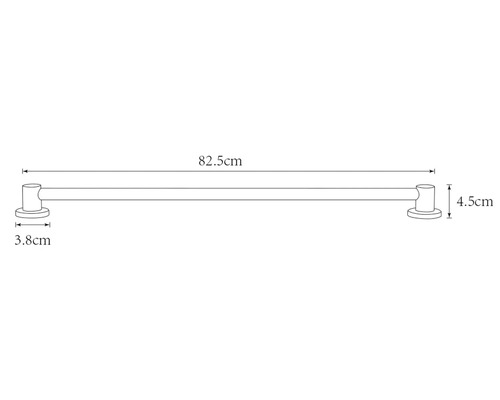 Technische tekening van een handdoekstang met de afmetingen 82,5 cm lengte, 4,5 cm hoogte en 3,8 cm diepte.