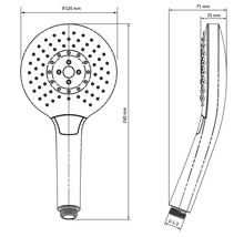 Technische tekening van een handdouchekop met de afmetingen 120 millimeter diameter, 240 millimeter lengte en G 1/2 aansluiting