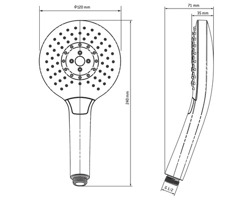 Technische tekening van een handdouchekop met de afmetingen 120 millimeter diameter, 240 millimeter lengte en G 1/2 aansluiting