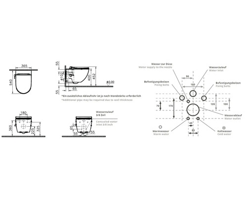Technische tekening van een toilet met maatvoering voor installatie