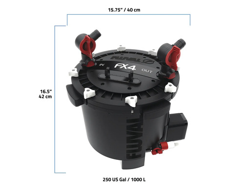 Fluval FX4 aquariumfilter met afmetingen 40 cm breed en 42 cm hoog