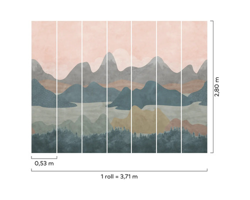Vliesbehang met abstract bergmotief en maataanduidingen