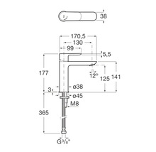Technische tekening van een kraan met maatvoering