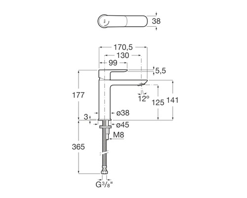 Technische tekening van een kraan met maatvoering