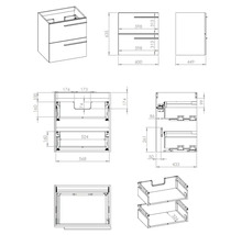 Technische tekening van een wastafelonderkast met afmetingen.