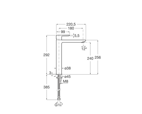 Technische tekening van een wastafelkraan met afmetingen