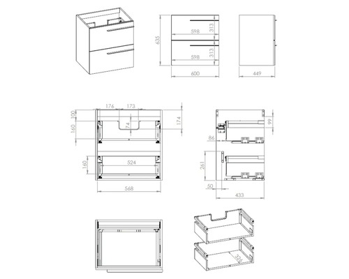 Technische tekening van een wastafelonderkast met lades en maatvoering.