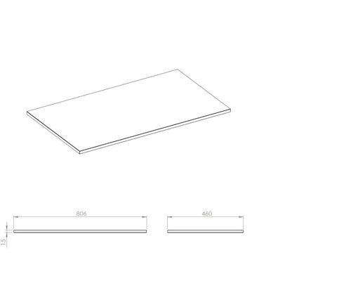 Afbeelding van een werkblad met de afmetingen 806 x 460 x 15 millimeter.