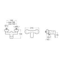 Technische tekening van een badkamerkraan met afmetingen