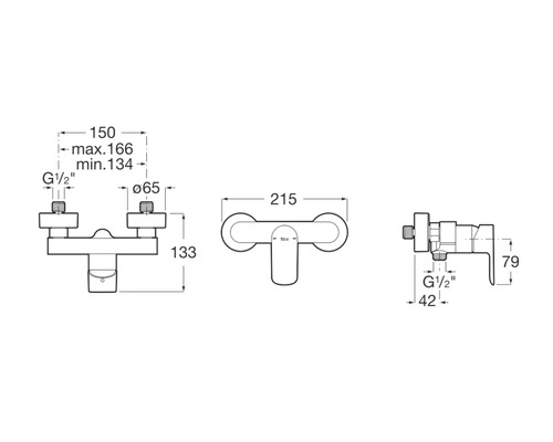 Technische tekening van een badkamerkraan met afmetingen