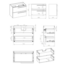 Technische tekening van een wastafelonderkast met afmetingen
